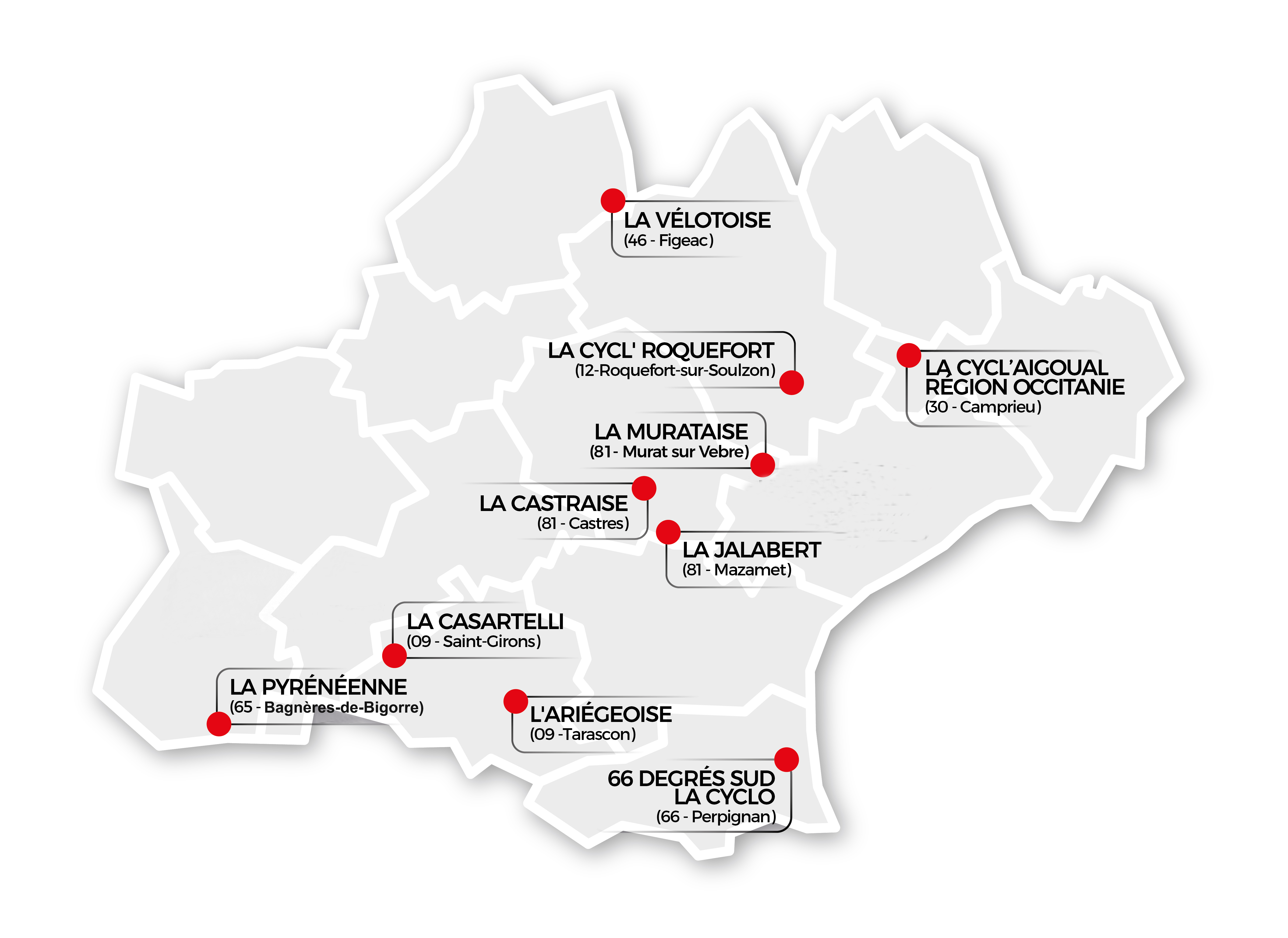 Carte de la région Occitanie montrant les 11 épreuves de vélo de route